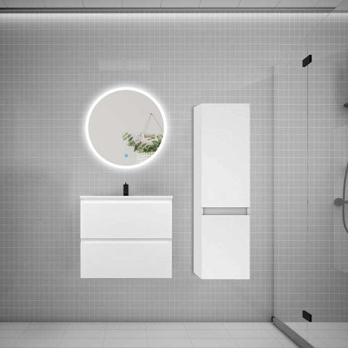 Ensemble meuble vasque L.60cm 2 tiroirs + lavabo + LED miroir rond 60cm + colonne A,blanc