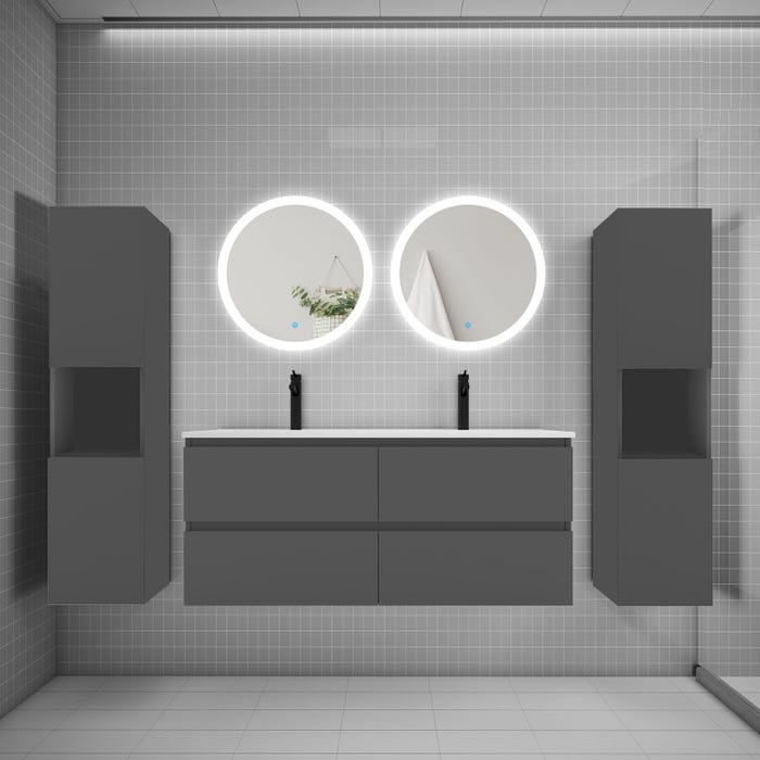 AICA Ensemble meuble double vasque L.120cm 4 tiroirs + lavabo + 2*LED miroirs rond 60cm + 2*colonne,anthracite B