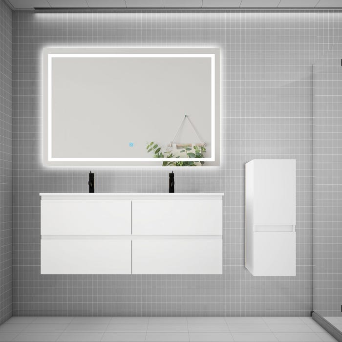 Ensemble meuble 2 vasque L.120cm 4 tiroirs + lavabo + LED miroir + colonne,blanc,A