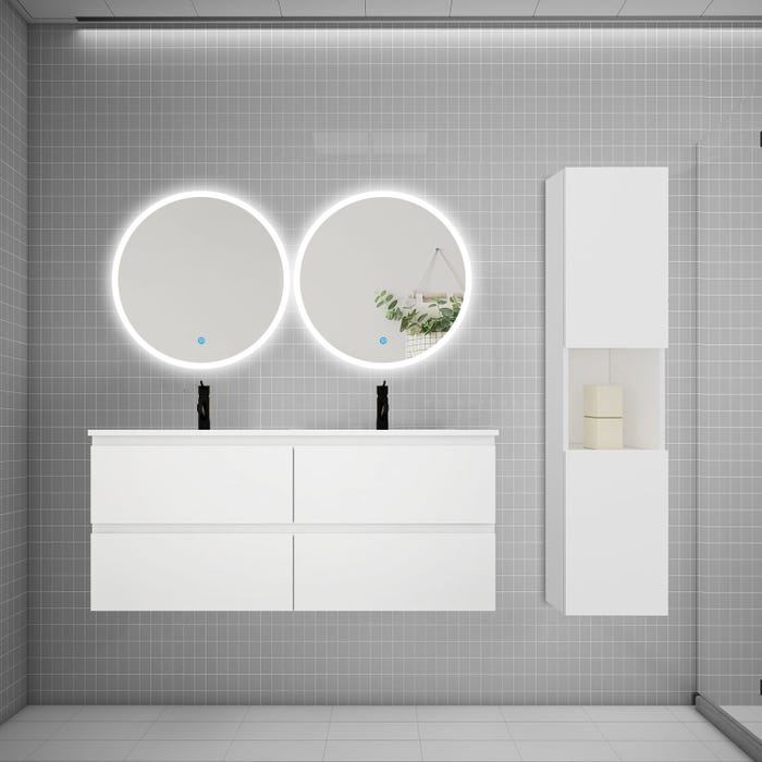 AICA Ensemble meuble double vasque L.120cm 4 tiroirs + lavabo + 2*LED miroirs rond 60cm + colonne A,blanc