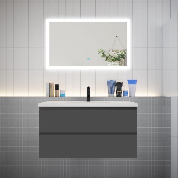 Ensemble meuble vasque L.99cm anthracite 2 tiroirs + led miroir + lavabo,AICA