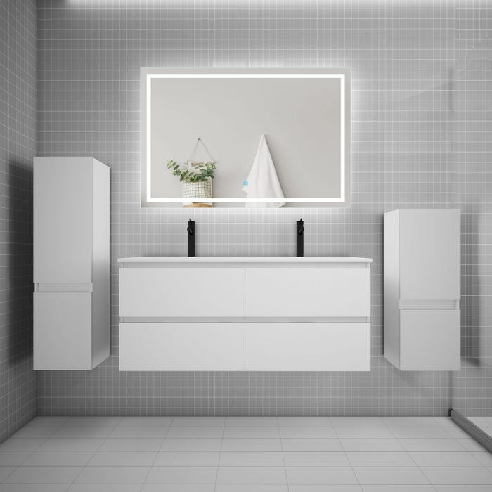 Ensemble meuble double vasque L.120cm + lavabo + LED miroir + 2*colonne,blanc design