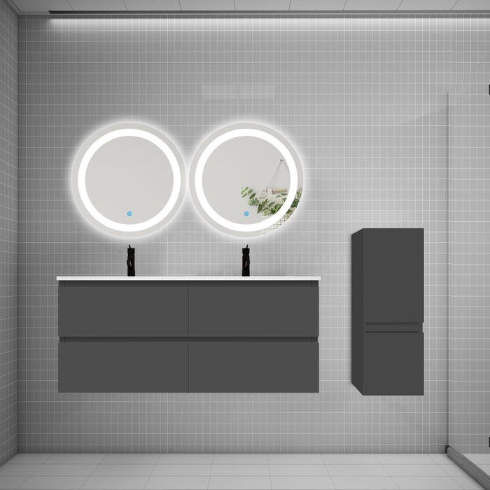 Ensemble meuble double vasque L.120cm 4 tiroirs + lavabo + 2 LED miroirs rond 60cm + colonne,anthracite easy