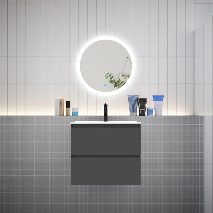 Ensemble meuble vasque L.60cm 2 tiroirs + lavabo + LED miroir rond 60cm,anthracite,aica