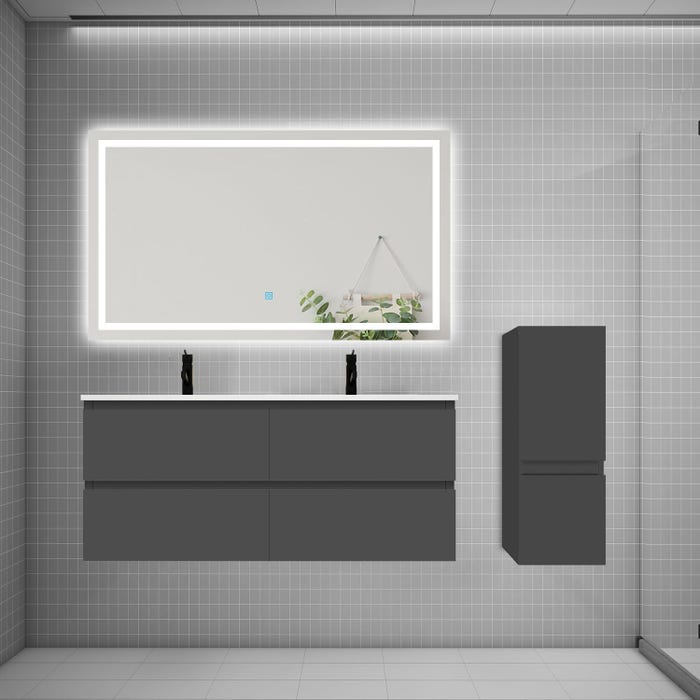 AICA Ensemble meuble 2 vasque L.120cm 4 tiroirs + lavabo + LED miroir + colonne,anthracite