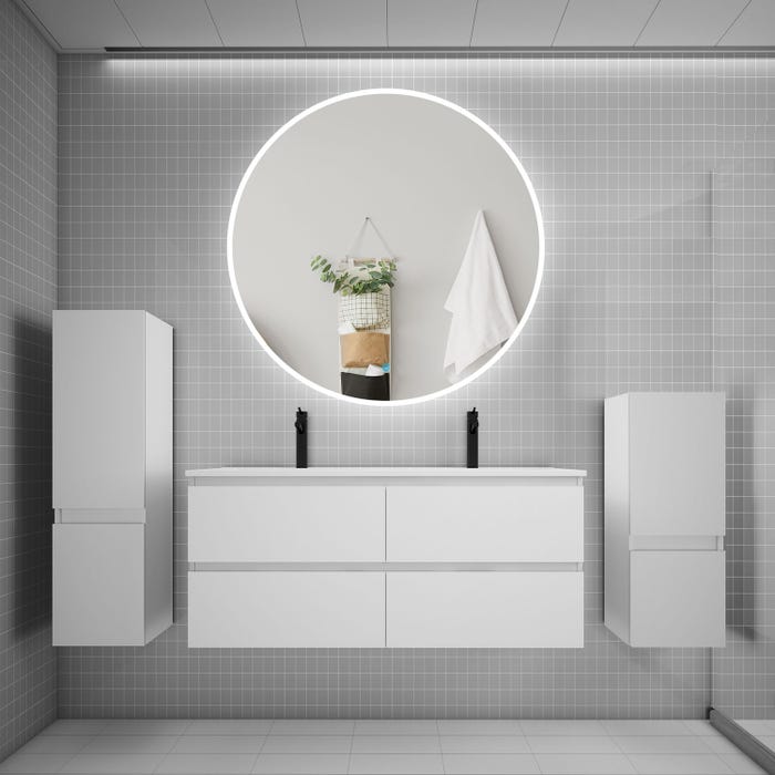 Ensemble meuble double vasque L.120cm 4 tiroirs + lavabo + LED miroir rond 120cm + 2*colonne,blanc