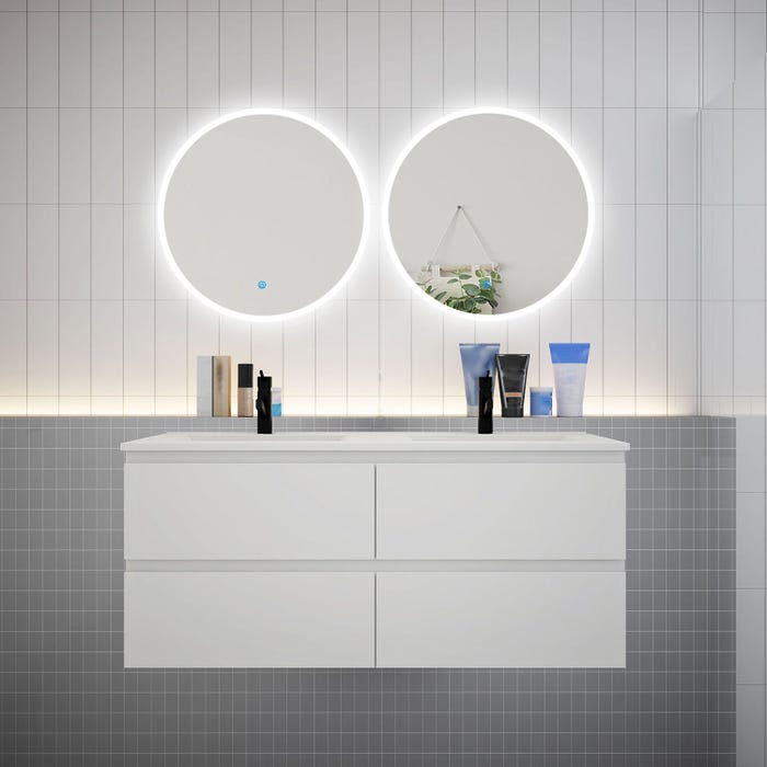 Ensemble meuble double vasque L.120cm 4 tiroirs + lavabo + 2 LED miroirs rond 60cm,blanc.aica