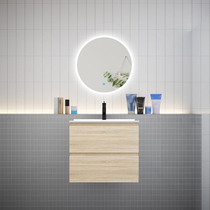 Ensemble meuble vasque L.60cm 2 tiroirs + lavabo + LED miroir rond 60cm,chêne