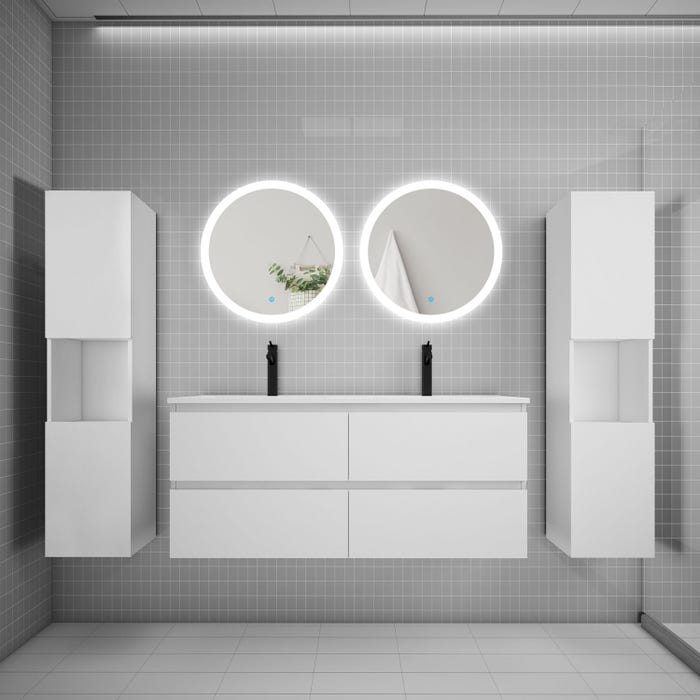 AICA Ensemble meuble double vasque L.120cm 4 tiroirs + lavabo + 2*LED miroirs rond 60cm + 2*colonne,blanc A