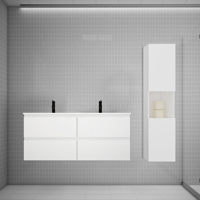 Ensemble meuble double vasque L.120cm blanc 4 tiroirs + lavabo + colonne,AICA SANITAIRE