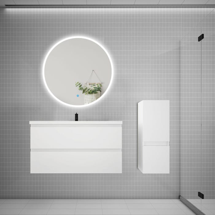 Ensemble meuble vasque L.99cm 2 tiroirs + lavabo + LED miroir rond 90cm + colonne,blanc