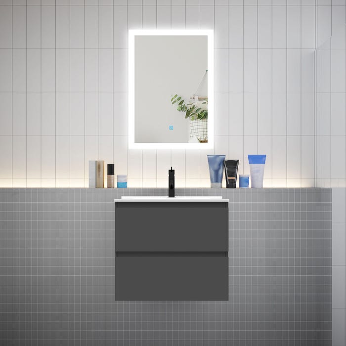 Ensemble meuble vasque L.60cm anthracite 2 tiroirs + led miroir + lavabo,AICA