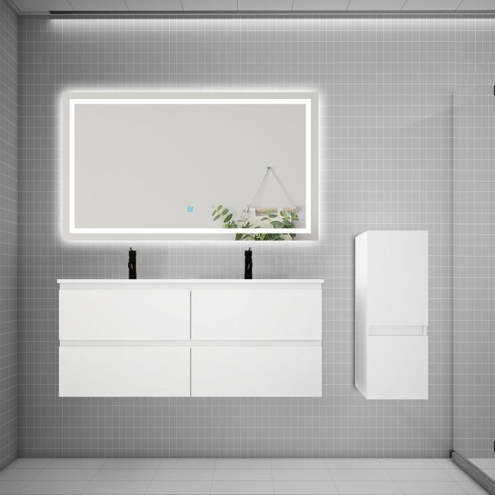 AICA Ensemble meuble 2 vasque L.120cm 4 tiroirs + lavabo + LED miroir + colonne,blanc