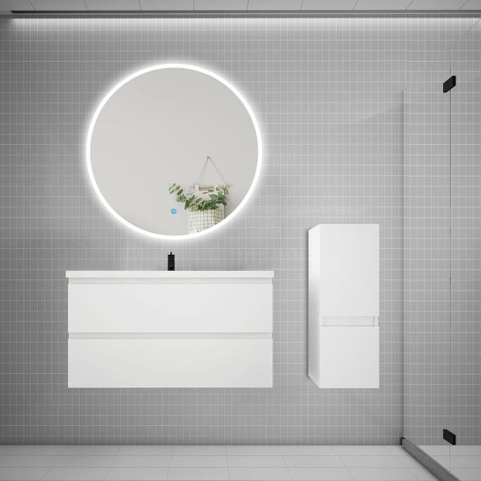 Ensemble meuble vasque L.99cm 2 tiroirs + lavabo + LED miroir rond 100cm + colonne,blanc