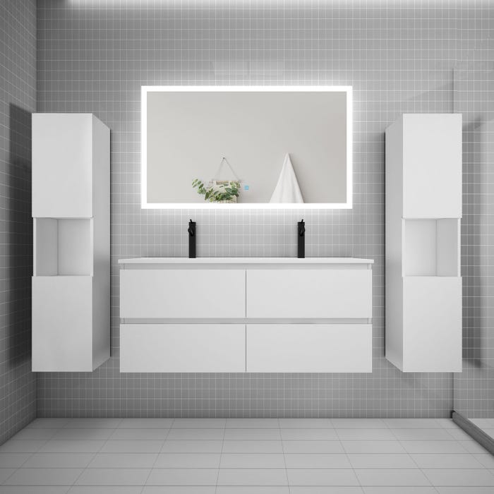 Ensemble meuble double vasque L.120cm + lavabo + LED miroir + 2*colonne,blanc,aica