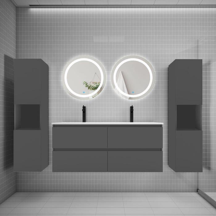 Ensemble meuble double vasque L.120cm 4 tiroirs + lavabo + 2*LED miroirs rond 60cm + 2*colonne,anthracite,aica