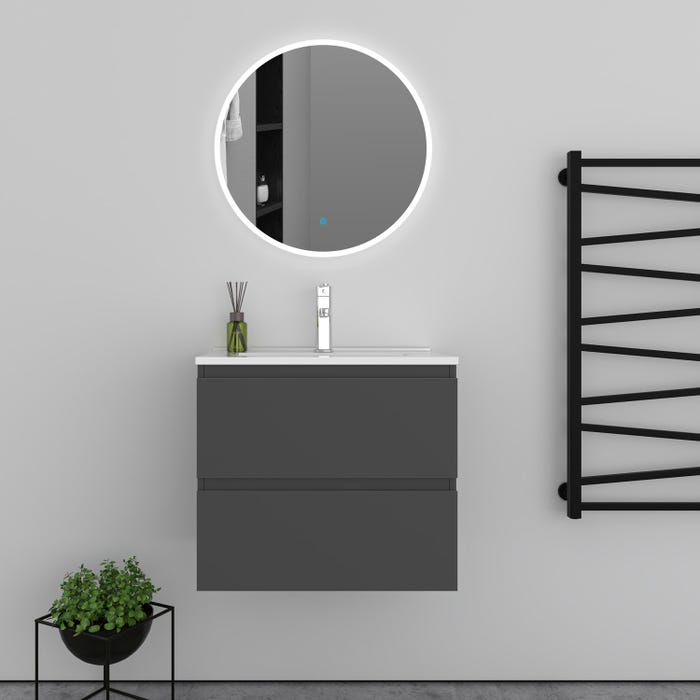 Ensemble meuble vasque L.60cm 2 tiroirs + lavabo + LED miroir rond 60cm,anthracite,modèle A