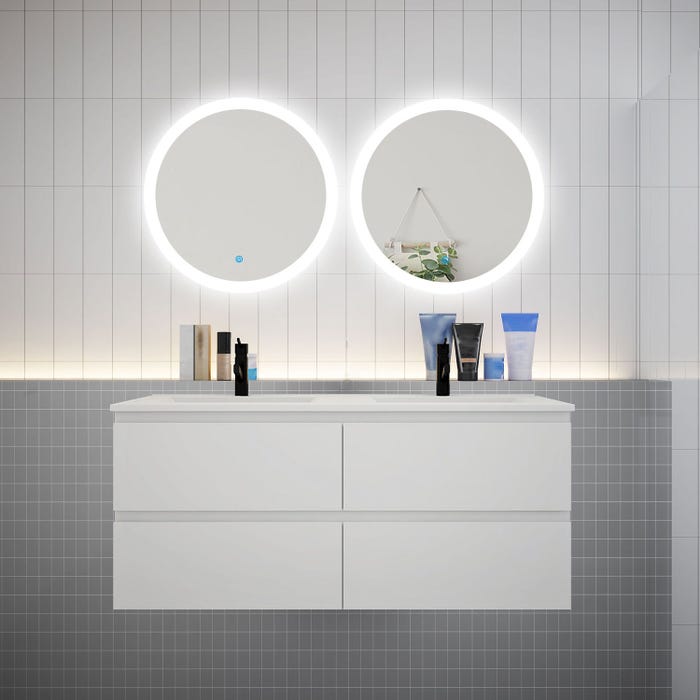 Ensemble meuble double vasque L.120cm 4 tiroirs + lavabo + 2 LED miroirs rond 60cm,blanc,aica