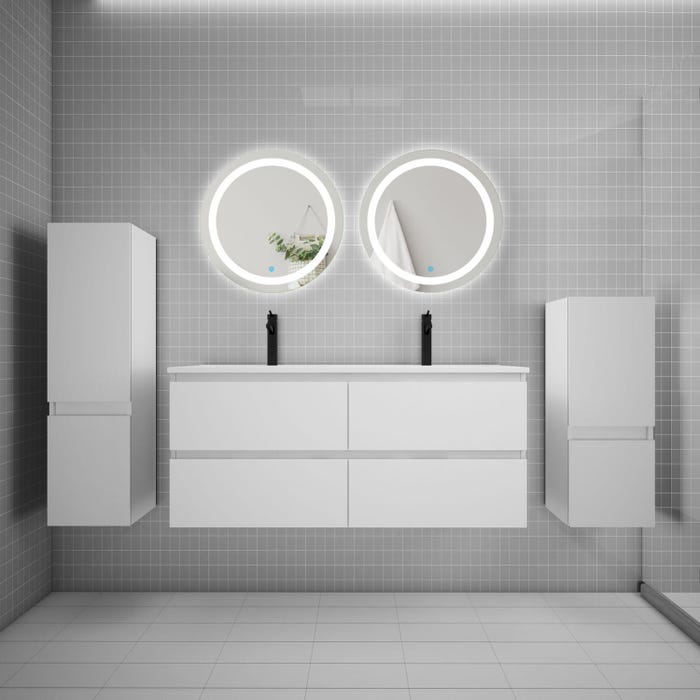 Ensemble meuble double vasque L.120cm 4 tiroirs + lavabo + 2*LED miroirs rond 60cm + 2*colonne,blanc design