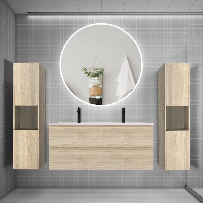 Ensemble meuble double vasque L.120cm 4 tiroirs + lavabo + LED miroir rond 120cm + 2*colonne,chêne A