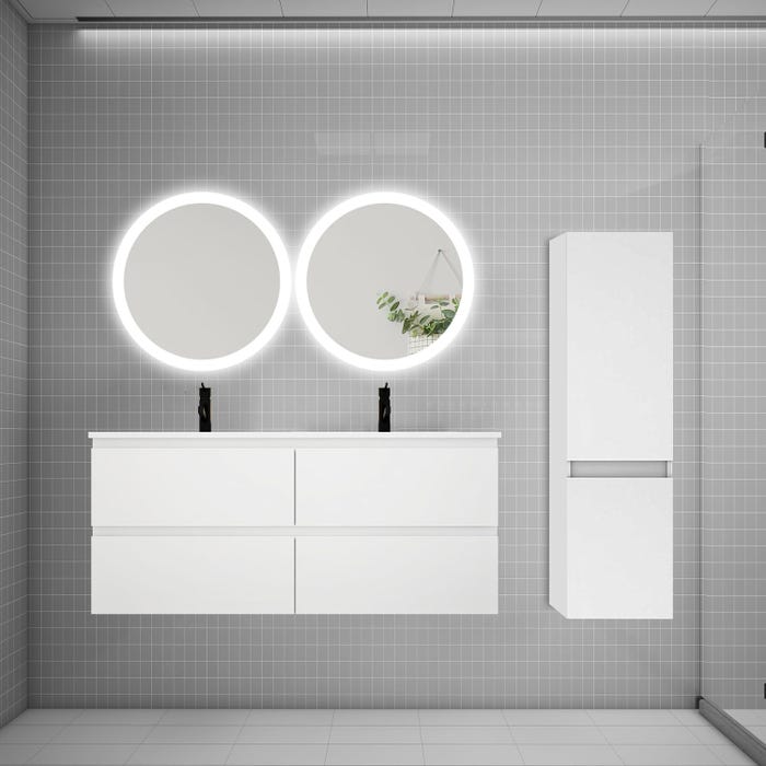Ensemble meuble double vasque L.120cm 4 tiroirs + lavabo + 2*LED miroirs rond 60cm + colonne,blanc,aica