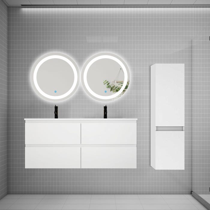 Ensemble meuble double vasque L.120cm 4 tiroirs + lavabo + 2*LED miroirs rond 60cm + colonne A,blanc,easy