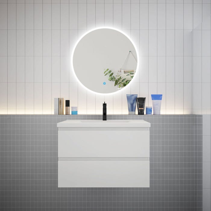 Ensemble meuble vasque L.79cm 2 tiroirs + lavabo + LED miroir rond 70cm,blanc