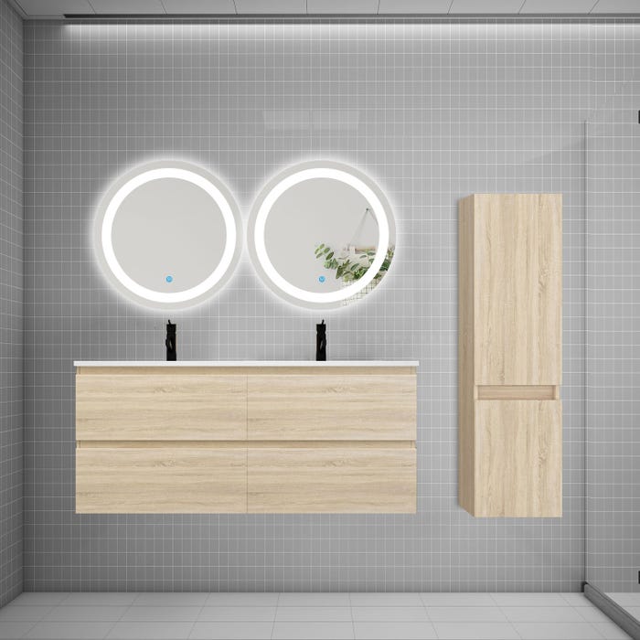 Ensemble meuble double vasque L.120cm 4 tiroirs + lavabo + 2*LED miroirs rond 60cm + colonne C,chêne,easy