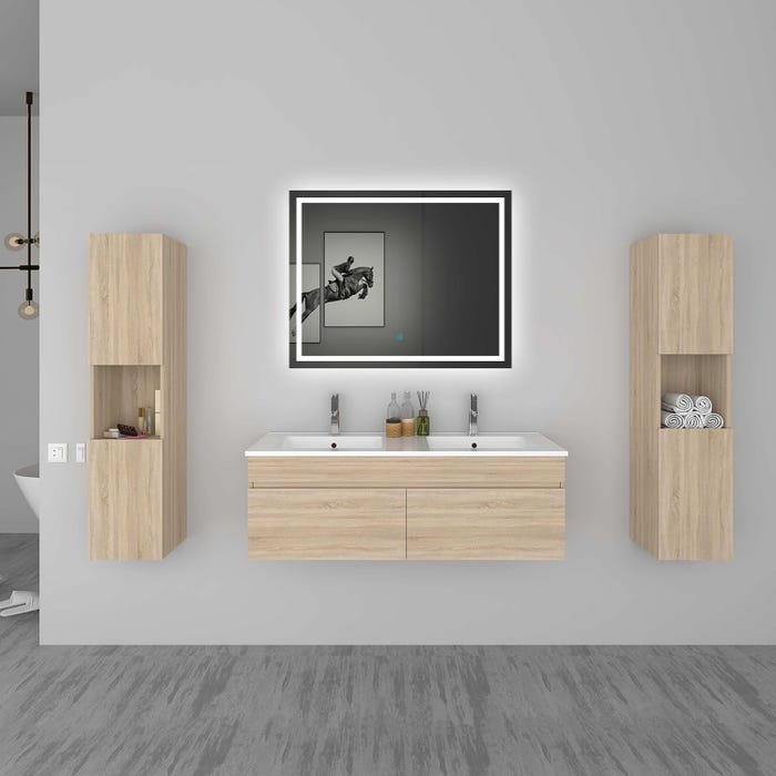 Ensemble meuble double vasque L.120cm chêne 2 portes + colonne + lavabo + LED miroir,moderne.A
