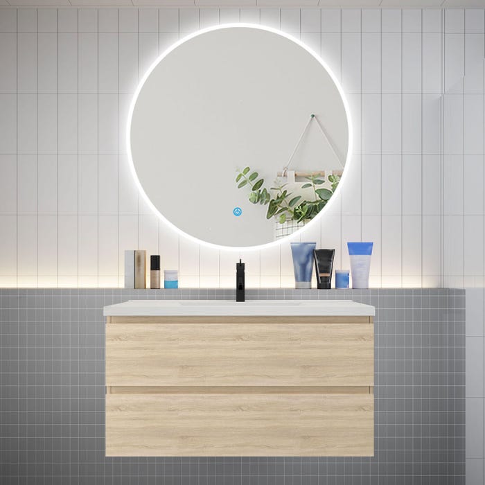 Ensemble meuble vasque L.99cm 2 tiroirs + lavabo + LED miroir rond 100cm,chêne，easy