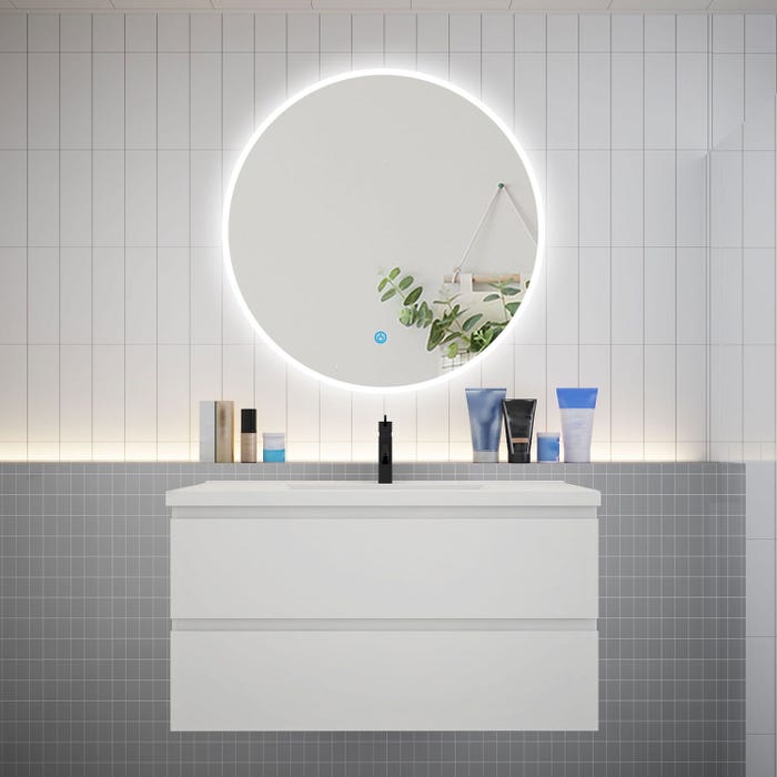 Ensemble meuble vasque L.99cm 2 tiroirs + lavabo + LED miroir rond 90cm,blanc,easy