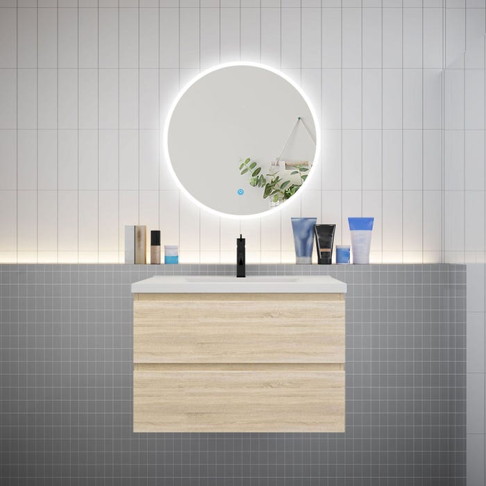 Ensemble meuble vasque L.79cm 2 tiroirs + lavabo + LED miroir rond 70cm,chêne