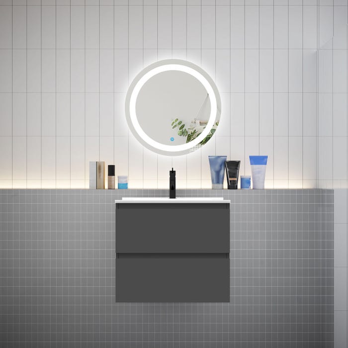 Ensemble L.60cm meuble vasque 2 tiroirs + lavabo + LED miroir rond 60cm,anthracite