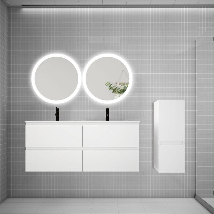 Ensemble meuble double vasque L.120cm 4 tiroirs + lavabo + 2 LED miroirs rond 60cm + colonne,blanc AICA