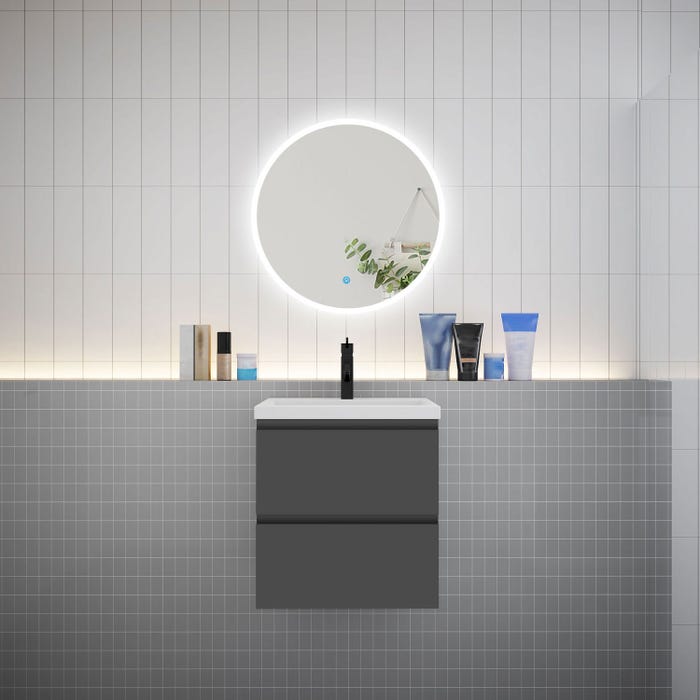 Ensemble meuble vasque L.50cm 2 tiroirs + lavabo + LED miroir rond 60cm,anthracite