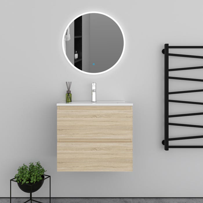Ensemble meuble vasque L.60cm 2 tiroirs + lavabo + LED miroir rond 60cm,chêne,modèle A