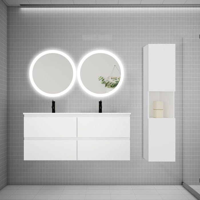 AICA Ensemble meuble double vasque L.120cm 4 tiroirs + lavabo + 2*LED miroirs rond 60cm + colonne,blanc,aica