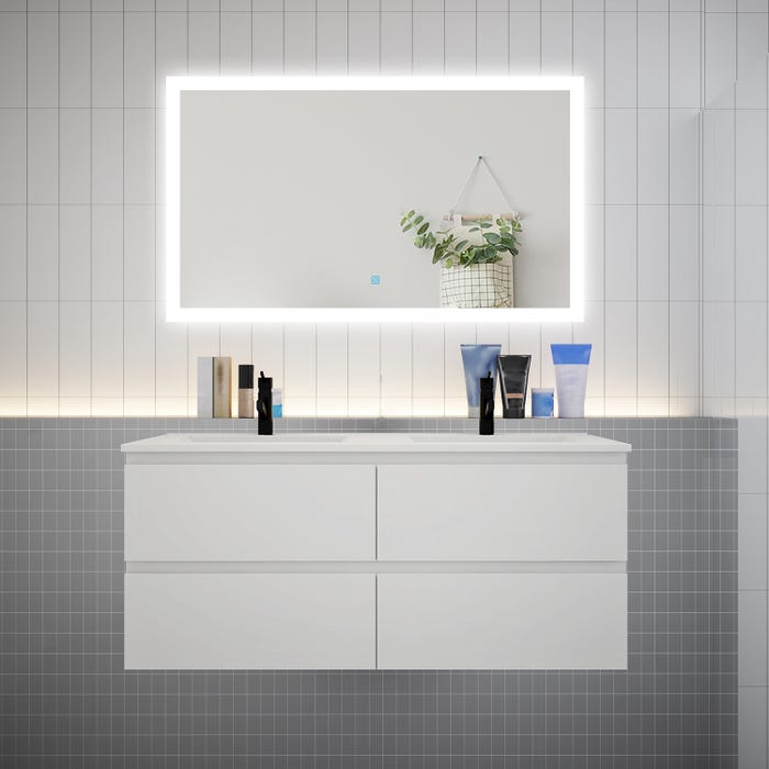 Ensemble meuble double vasque L.120cm blanc 4 tiroirs + led miroir + lavabo,AICA