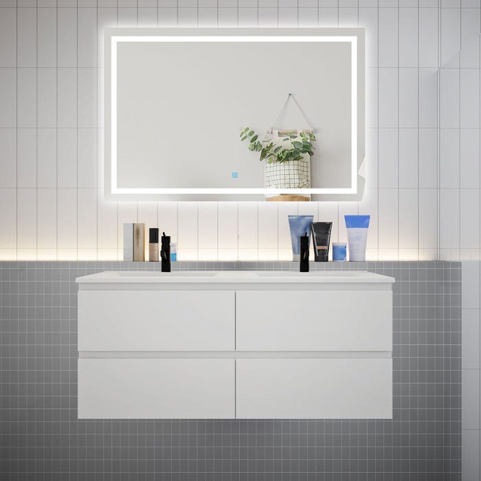 Ensemble meuble double vasque L.120cm 4 tiroirs + lavabo + LED miroir,blanc