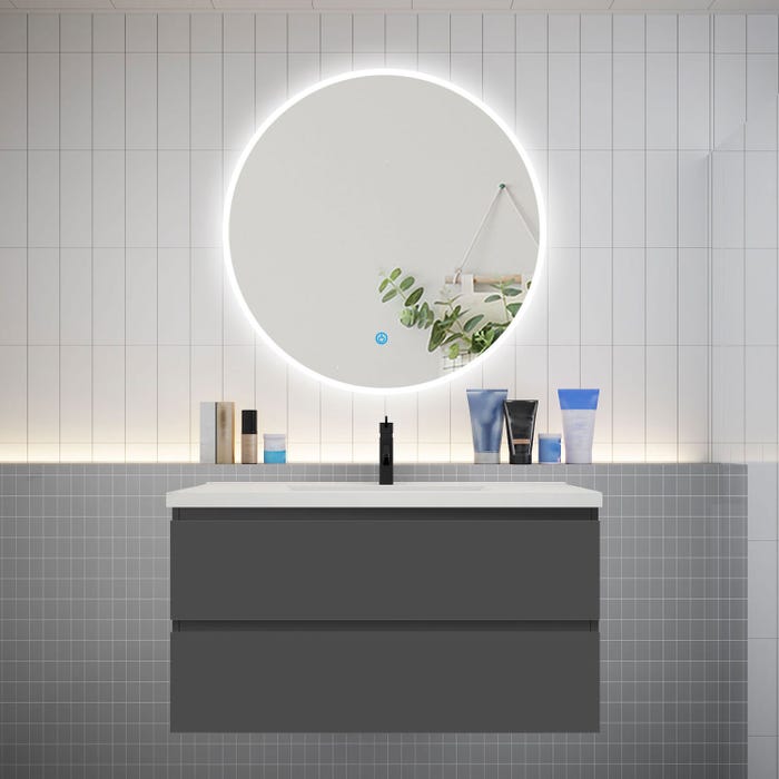 Ensemble meuble vasque L.99cm 2 tiroirs + lavabo + LED miroir rond 90cm,anthracite，easy