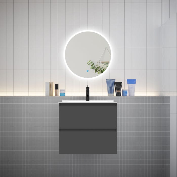 Ensemble meuble vasque L.60cm 2 tiroirs + lavabo + LED miroir rond 60cm,anthracite