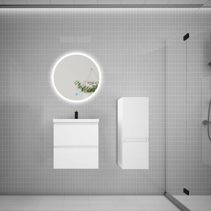 Ensemble meuble vasque L.50cm 2 tiroirs + lavabo + LED miroir rond 60cm + colonne,blanc