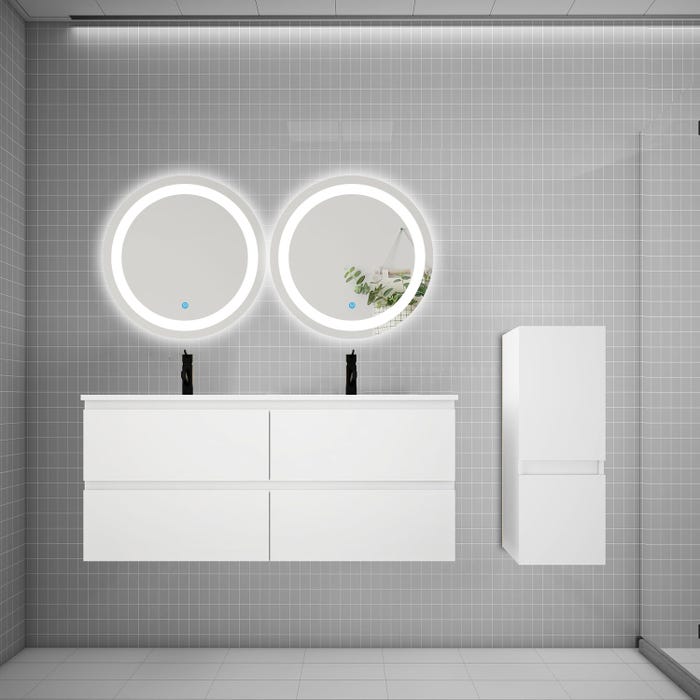 Ensemble meuble double vasque L.120cm 4 tiroirs + lavabo + 2 LED miroirs rond 60cm + colonne,blanc easy