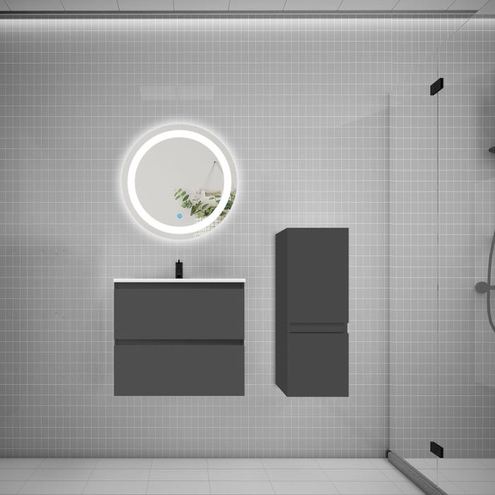 Ensemble meuble vasque L.60cm 2 tiroirs + lavabo + LED miroir rond 60cm + colonne,anthracite meuble
