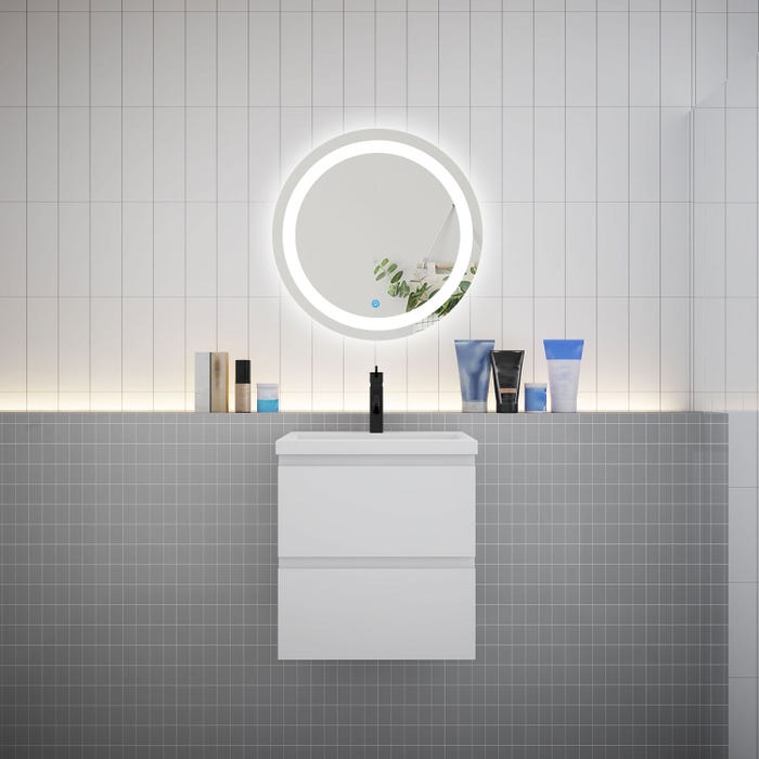 Ensemble meuble vasque L.50cm 2 tiroirs + lavabo + LED miroir rond 60cm,blanc,easy