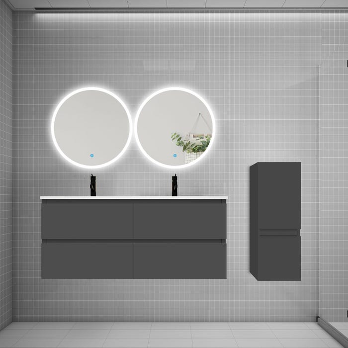 Ensemble meuble double vasque L.120cm 4 tiroirs + lavabo + 2 LED miroirs rond 60cm + colonne,anthracite