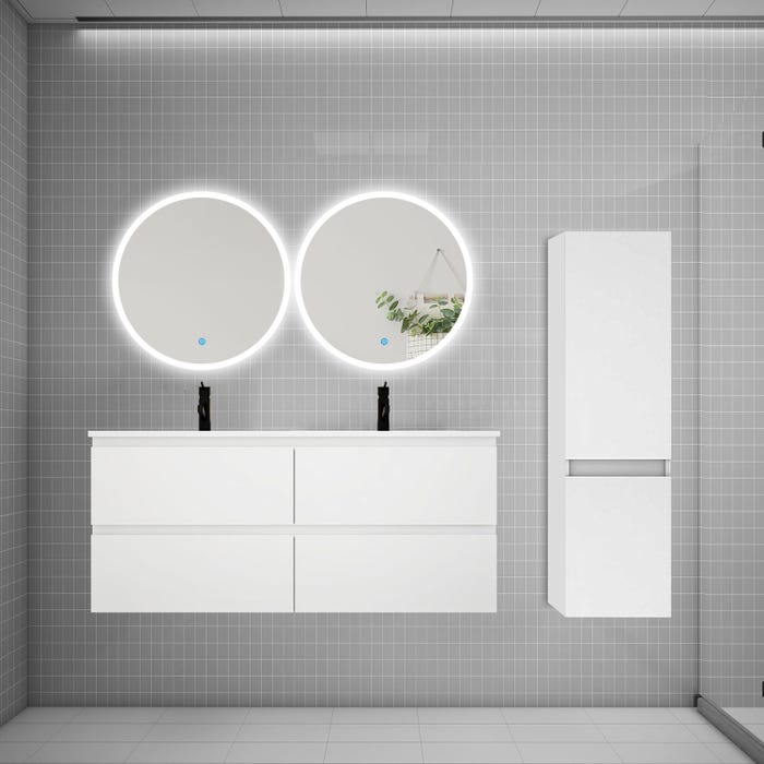 Ensemble meuble double vasque L.120cm 4 tiroirs + lavabo + 2*LED miroirs rond 60cm + colonne A,blanc