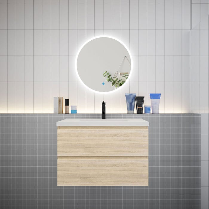 Ensemble meuble vasque L.79cm 2 tiroirs + lavabo + LED miroir rond 60cm,chêne
