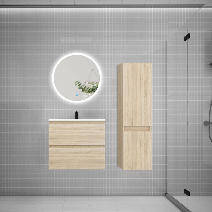 Ensemble meuble vasque L.60cm 2 tiroirs + lavabo + LED miroir rond 60cm + colonne C,chêne