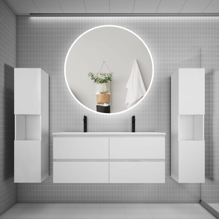 Ensemble meuble double vasque L.120cm 4 tiroirs + lavabo + LED miroir rond 120cm + 2*colonne,blanc A